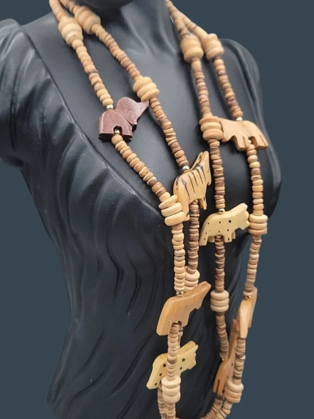 Vintage Double Strand Hand Carved Wooden Safari Animal 16